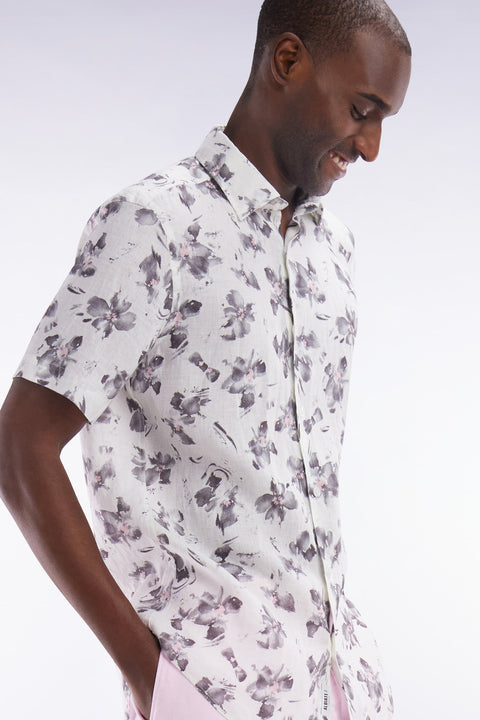 Chemise à manches courtes en lin écru à imprimé floral gris coupe ajustée - Image 3