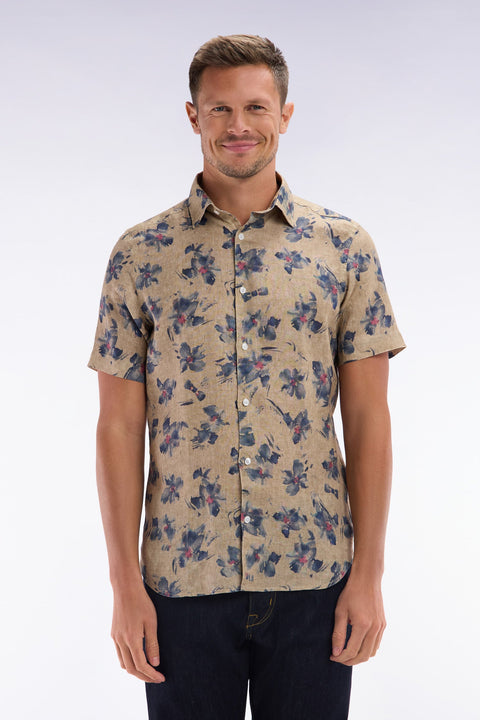 Chemise à manches courtes en lin beige à imprimé floral gris coupe ajustée - Image 1