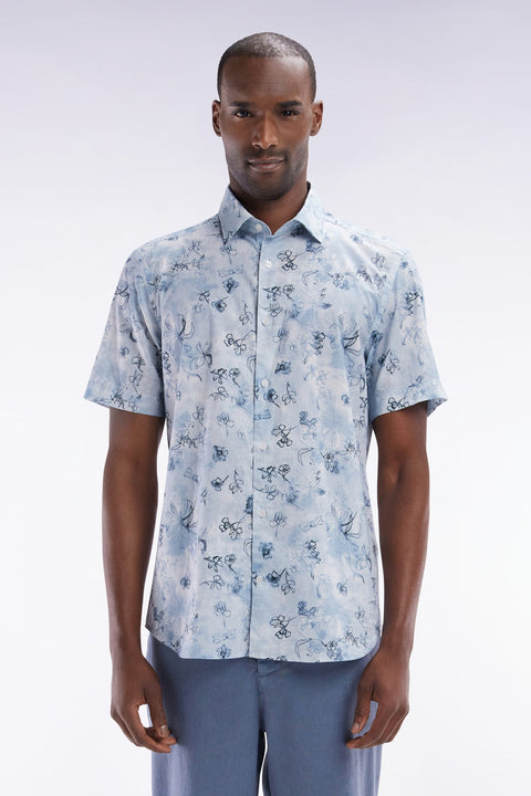 Chemise à manches courtes en coton bleu-gris à imprimé floral coupe ajustée - Image 1