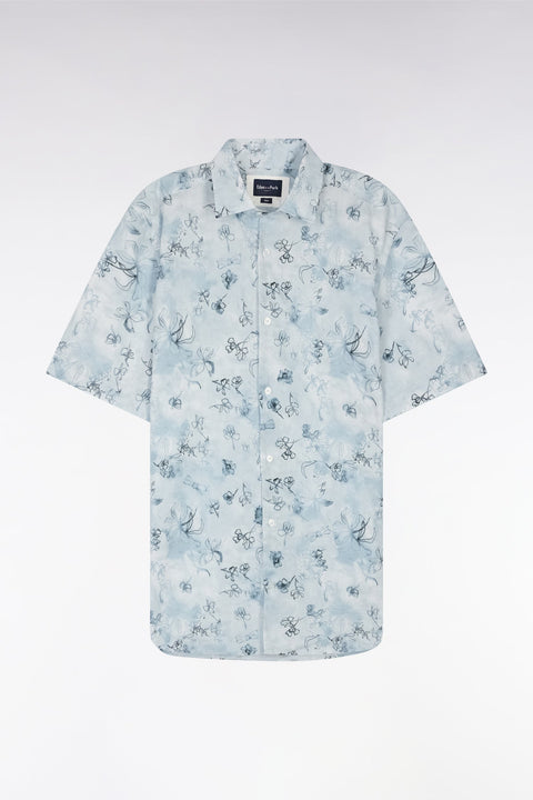 Chemise à manches courtes en coton bleu-gris à imprimé floral coupe ajustée - Image 2