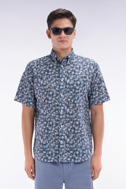 Chemise à manches courtes en coton marine à microimprimé palmiers coupe droite - Image 1