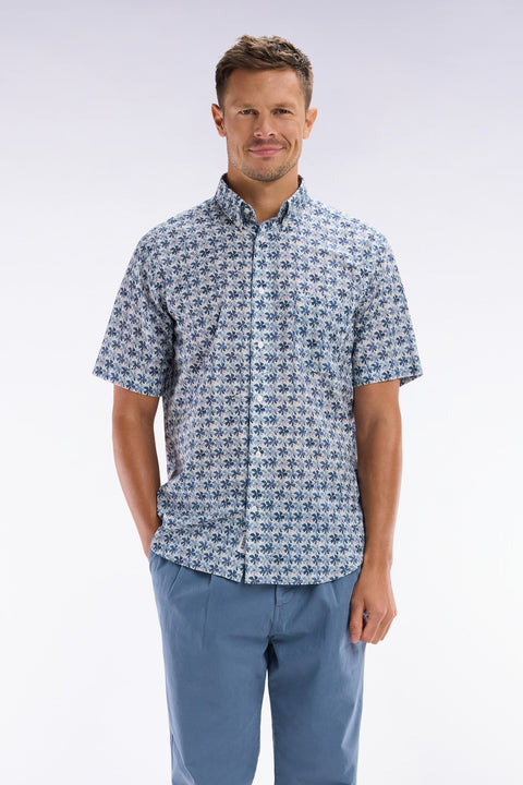 Chemise à manches courtes en coton gris moyen imprimé fleurs graphique coupe droite - Image 1
