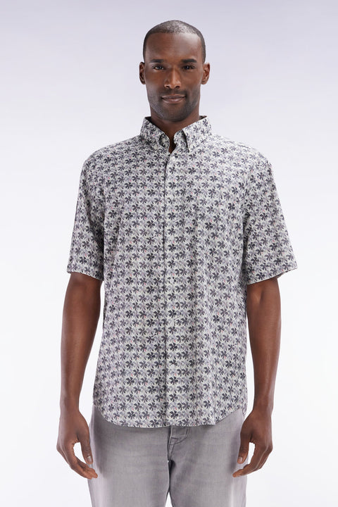 Chemise à manches courtes en coton gris imprimé fleurs graphique coupe droite - Image 1
