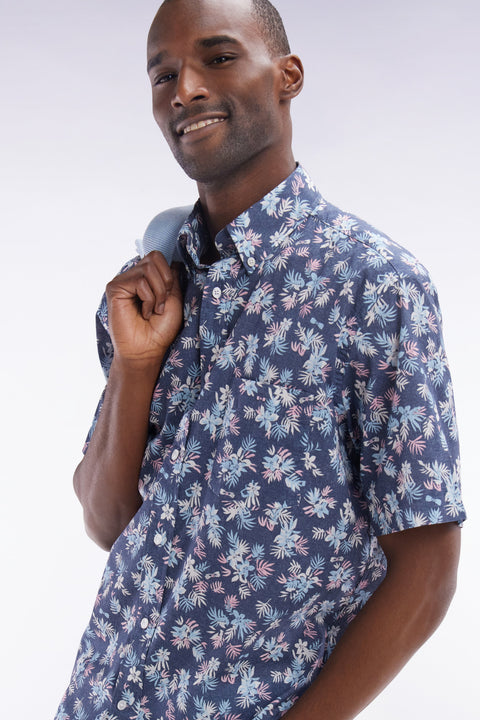 Chemise à manches courtes en coton marine imprimé fleurs coupe droite - Image 3
