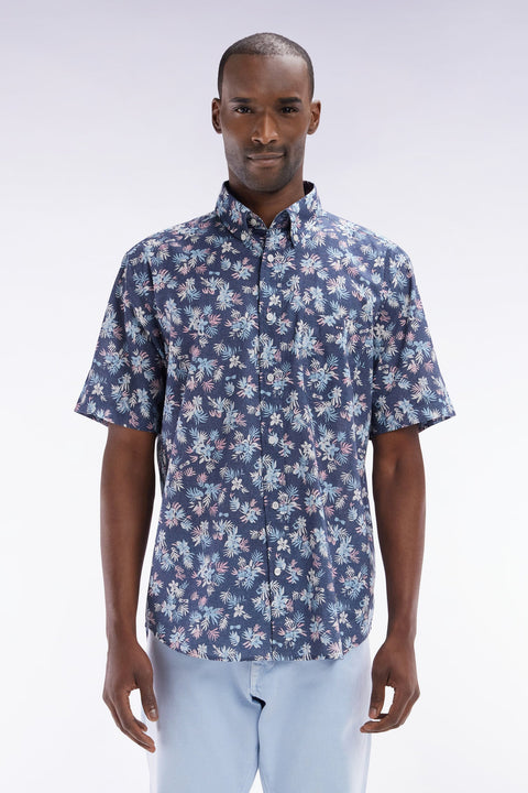 Chemise à manches courtes en coton marine imprimé fleurs coupe droite - Image 1