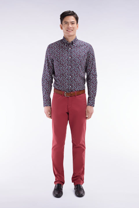 Chemise en popeline de coton marine à microimprimé rouge coupe droite - Image 1