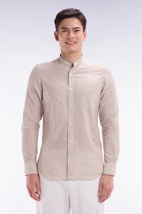 Chemise en coton et lin rayée beige à col Mao coupe ajustée - Image 1