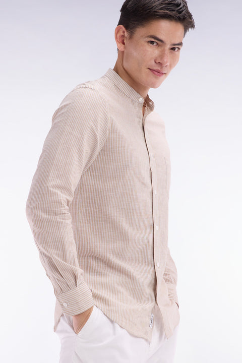 Chemise en coton et lin rayée beige à col Mao coupe ajustée - Image 3