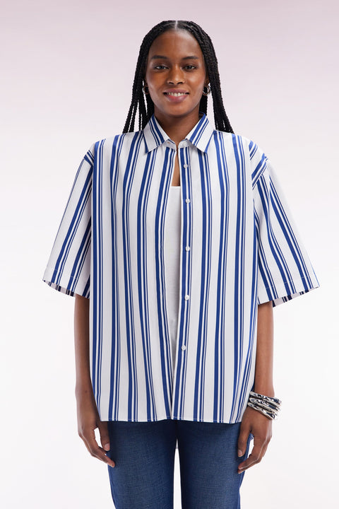 Chemise à manches courtes rayée en coton marine et blanche coupe oversized - Image 3