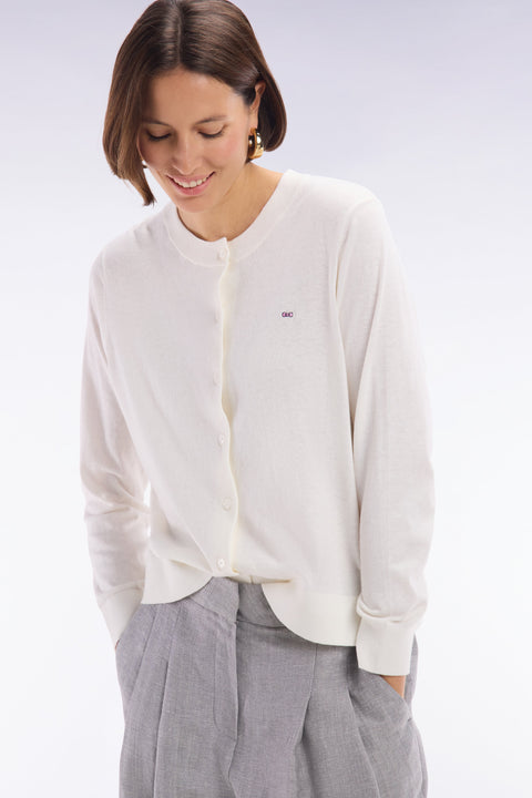 Cardigan en coton et soie mélangés écru coupe décontractée - Image 1