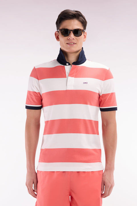 Maillot à manches courtes en coton Pima cerclé corail et blanc coupe droite - Image 1