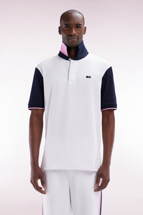 Maillot à manches courtes en coton blanc col bicolore coupe décontractée - Image 1