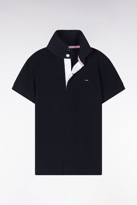 Maillot à manches courtes en coton marine dos brodé coupe droite - Image 1