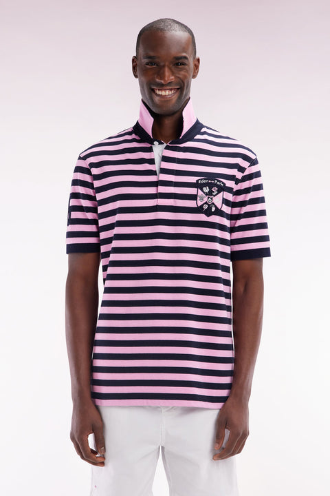 Maillot 6 Nations à manches courtes rayé marine et rose coupe droite - Image 1
