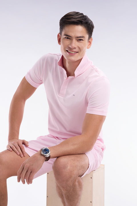 Polo à manches courtes en piqué coton stretch rose pâle coupe ajustée - Image 3