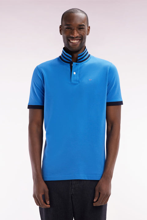 Polo à manches courtes en piqué de coton Pima bleu dessous de col cerclé coupe droite - Image 1