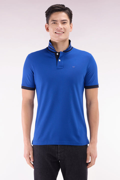 Polo à manches courtes en piqué de coton Pima bleu foncé dessous de col cerclé coupe droite - Image 1