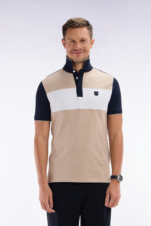 Polo à manches courtes en coton stretch beige bande contrastée coupe ajustée - Image 1