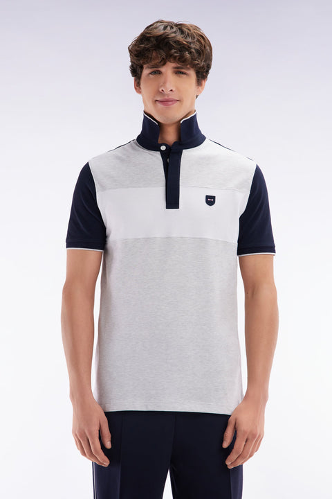 Polo à manches courtes en coton stretch gris bande contrastée coupe ajustée - Image 1