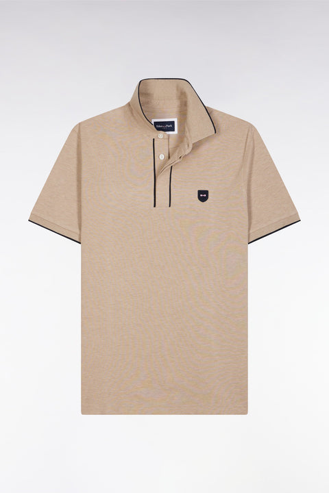Polo à manches courtes en piqué de coton chiné stretch beige coupe ajustée - Image 2