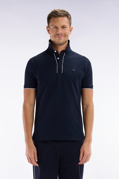 Polo à manches courtes en piqué de coton chiné stretch marine coupe ajustée - Image 1
