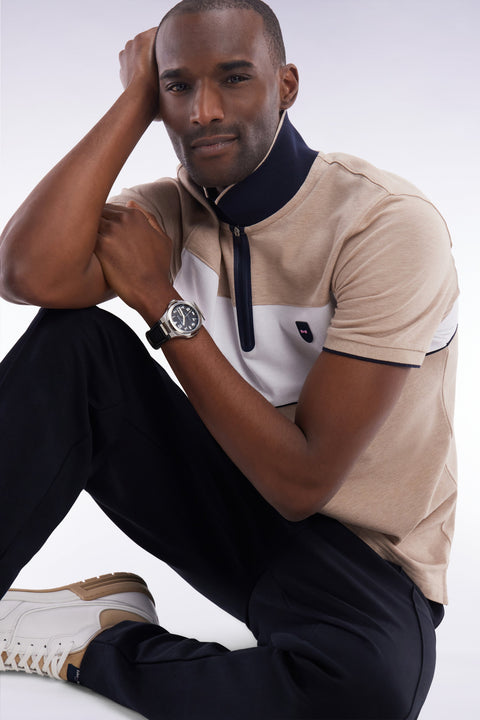 Polo à manches courtes en piqué de coton chiné stretch beige détails contrastés coupe ajustée - Image 3