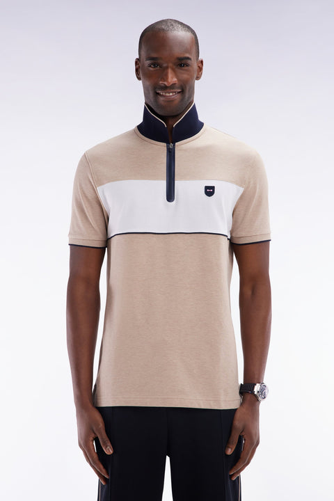 Polo à manches courtes en piqué de coton chiné stretch beige détails contrastés coupe ajustée - Image 1