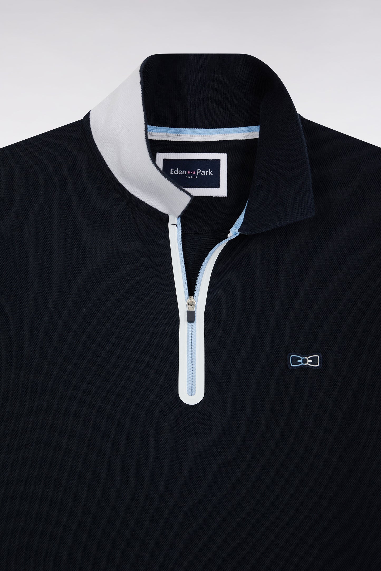Polo zippé à manches courtes en coton stretch marine coupe ajustée