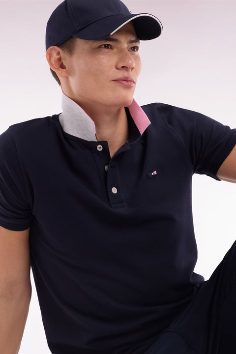 Polo à manches courtes en coton marine col bicolore jacquard Eden Park coupe droite - Image 3