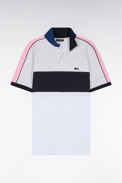 Polo à manches courtes en coton tricolore blanc marine et gris coupe droite - Image 2
