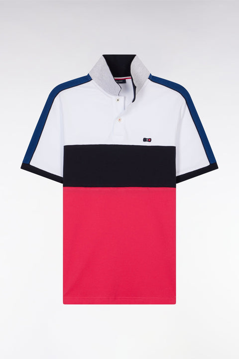 Polo à manches courtes en coton tricolore blanc marine et fuchsia coupe droite - Image 2
