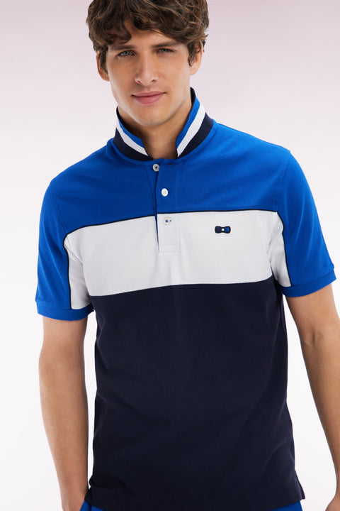Polo à manches courtes en coton tricolore bleu dessous de col rayé coupe droite - Image 3