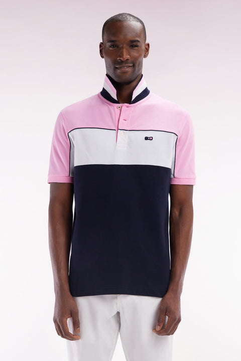Polo à manches courtes en coton tricolore rose dessous de col rayé coupe droite - Image 1