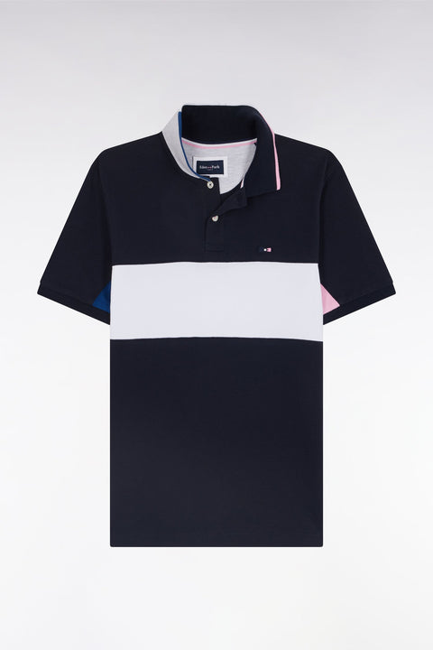 Polo à manches courtes colorblock en coton marine détails roses et blancs coupe droite - Image 2