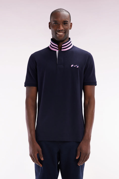 Polo à manches courtes en coton marine dessous de col cerclé coupe droite - Image 1