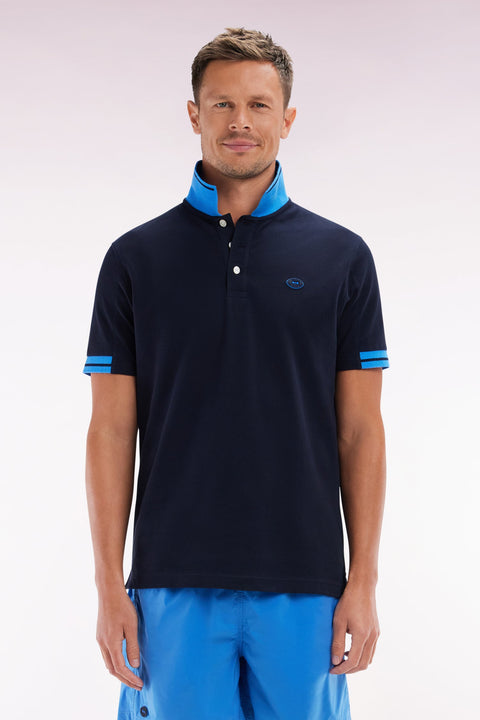 Polo à manches courtes en coton marine détails colorés coupe décontractée - Image 1
