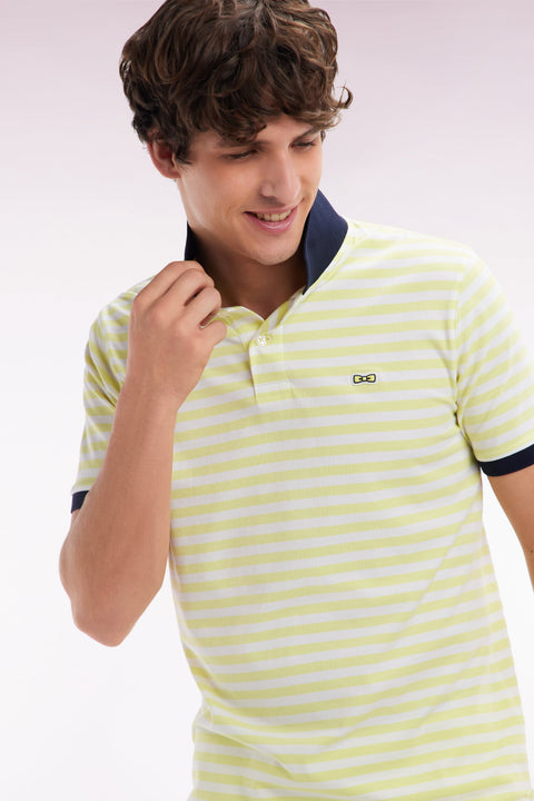 Polo marinière à manches courtes en coton stretch rayé jaune coupe ajustée - Image 3