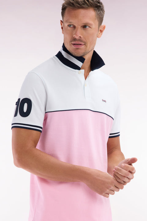 Polo à manches courtes bicolore en coton rose et blanc coupe décontractée - Image 3