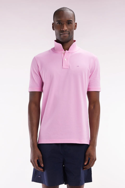 Polo à manches courtes uni en coton Pima rose coupe droite - Image 1
