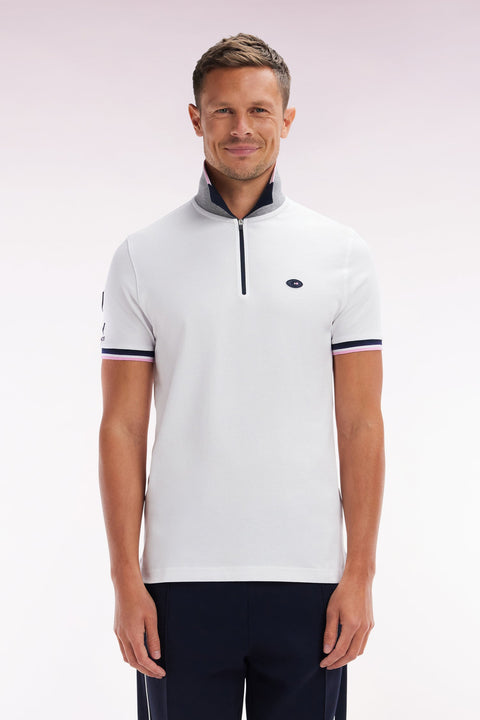 Polo à manches courtes en coton stretch blanc col zippé coupe ajustée - Image 1