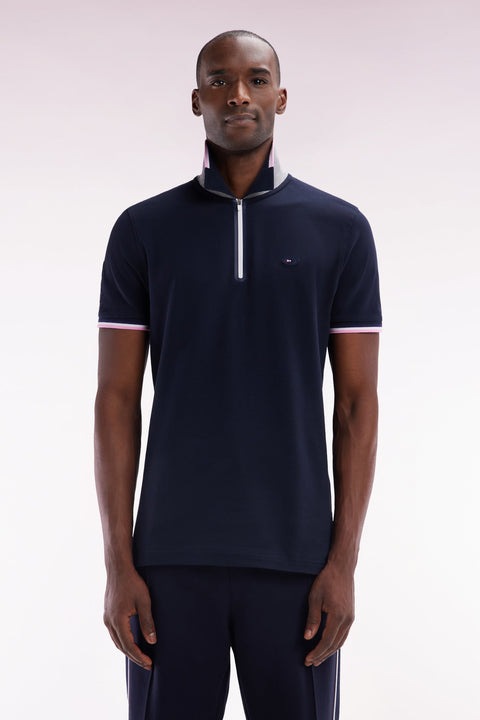 Polo à manches courtes en coton stretch marine col zippé coupe ajustée - Image 1