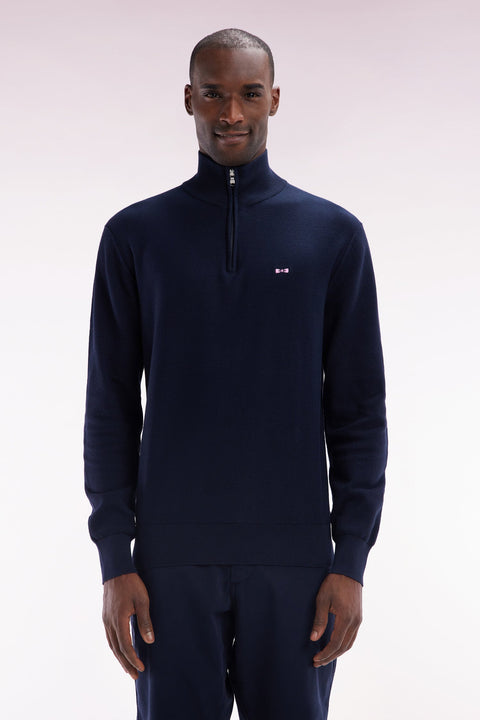 Pull col camionneur en coton marine broderie dos nœud papillon cerclée coupe droite - Image 1