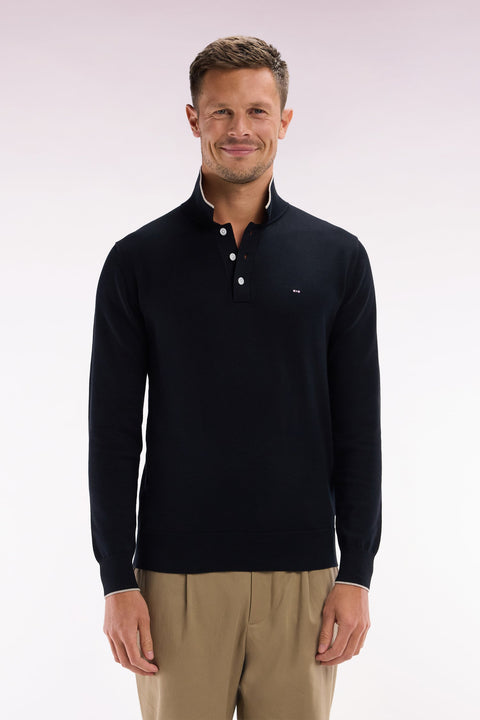 Pull col polo en coton noir et marron coupe droite - Image 1