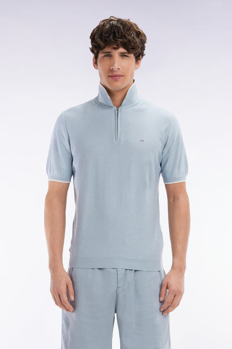 Pull col polo en coton biologique et cachemire ciel coupe droite - Image 1