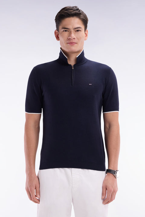 Pull col polo en coton biologique et cachemire marine coupe droite - Image 1