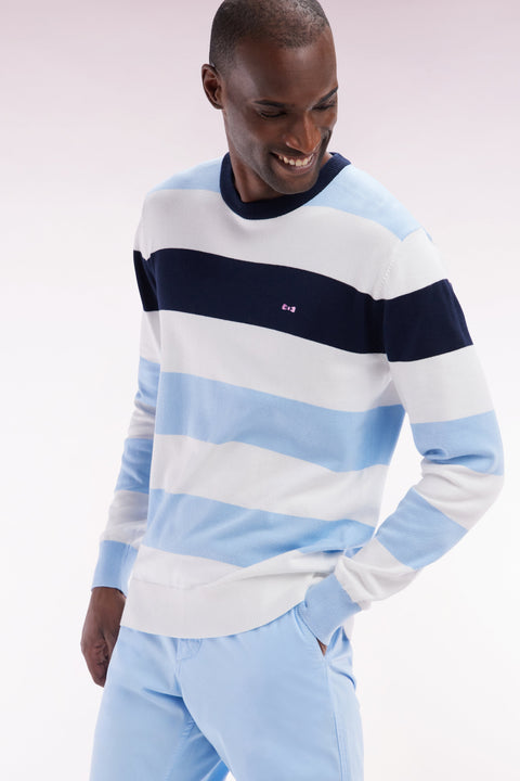 Pull col rond cerclé en coton ciel et blanc - Image 3