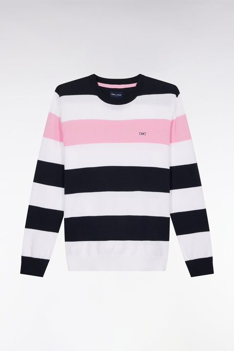 Pull col rond cerclé en coton blanc et marine - Image 2