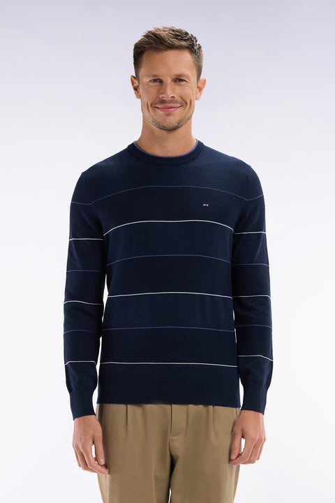 Pull col rond cerclé en coton marine - Image 1