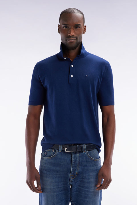Pull col polo en coton et soie mélangés marine coupe droite - Image 1