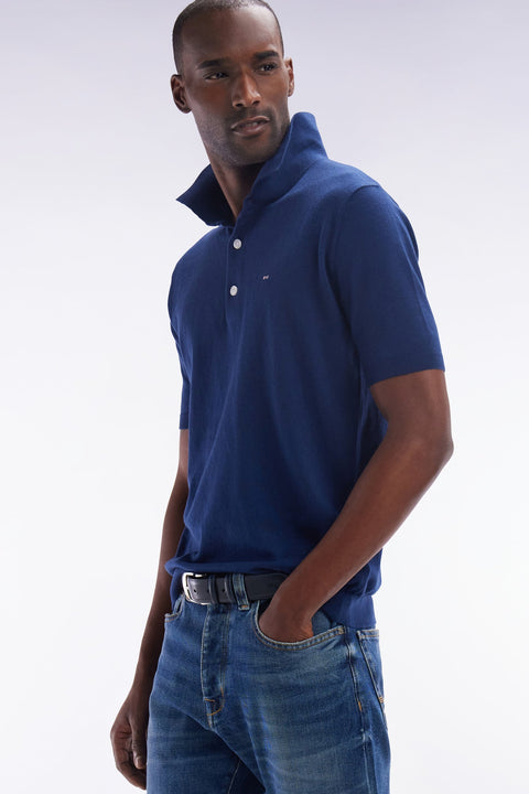 Pull col polo en coton et soie mélangés marine coupe droite - Image 3